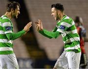 15 April 2016; David Webster, right, Shamrock Rovers, celebrates with Max Blanchard at the end of the game. SSE Airtricity League, Premier Division, Bohemians v Shamrock Rovers. Dalymount Park, Dublin. Picture credit: David Maher / SPORTSFILE