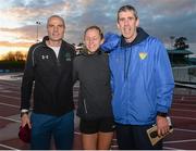 15 April 2016; Greta Streimikyte, DCU, pictured with James Nolan, left, Head of Paralympic Ireland Athletics, and Enda Fitzpatrick, Director of DCU Athletics, after she achieved the Rio 'A' Standard. Irish Universities Athletic Association Track & Field Championships 2016, Day 1. Morton Stadium, Santry, Co. Dublin. Picture credit: Cody Glenn / SPORTSFILE