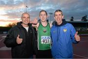 15 April 2016; Conor McIlveen, from Derry City, pictured with James Nolan, left, Head of Paralympics Ireland Athletics, and Enda Fitzpatrick, Director of DCU Athletics, after McIlveen qualified for the 2016 Paralympic Games in Rio. Irish Universities Athletic Association Track & Field Championships 2016, Day 1. Morton Stadium, Santry, Co. Dublin. Picture credit: Cody Glenn / SPORTSFILE