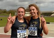 15 April 2016; Catherine McManus, DCU, left, with Lilly-Ann O'Hora, DCU, after finishing first and second in the women's 100m hurdles event. Irish Universities Athletic Association Track & Field Championships 2016, Day 1. Morton Stadium, Santry, Co. Dublin. Picture credit: Cody Glenn / SPORTSFILE