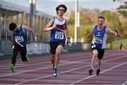 15 April 2016; William O'Connor, UL, centre, finishes his relay team's leg for a second overall finish in the 4x100m relay semi-final ahead of Conall Mahon, NUI Galway, left, and Mel O'Callaghan, Waterford IT. Irish Universities Athletic Association Track & Field Championships 2016, Day 1. Morton Stadium, Santry, Co. Dublin. Picture credit: Cody Glenn / SPORTSFILE