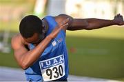 15 April 2016; Ibeanu Israel, Letterkenny IT, celebrates by &quot;dabbing&quot; after finishing the final leg of his team's 4x100m men's semi-final relay event. Irish Universities Athletic Association Track & Field Championships 2016, Day 1. Morton Stadium, Santry, Co. Dublin. Picture credit: Cody Glenn / SPORTSFILE