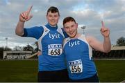 15 April 2016; Letterkenny IT team-mates Gavin McLoughlin, left, and John Kelly, after finishing second and first respectively in the men's shot putt event. Irish Universities Athletic Association Track & Field Championships 2016, Day 1. Morton Stadium, Santry, Co. Dublin. Picture credit: Cody Glenn / SPORTSFILE