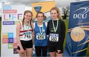 15 April 2016; Top finishers in the women's 5000m event are, from left, Sarah Fitzpatrick, TCD, second place, Shona Heaslip, IT Tralee, first place, and Mary Mulhare, DCU, third place. Irish Universities Athletic Association Track & Field Championships 2016, Day 1. Morton Stadium, Santry, Co. Dublin. Picture credit: Cody Glenn / SPORTSFILE