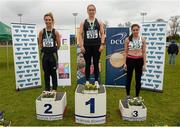 15 April 2016; Top finishers in the women's 100m hurdles event are, from left, Lilly-Ann O'Hora, DCU, second place, Catherine McManus, DCU, first place, and Kate Doherty, TCD, third place. Irish University Athletic Association Track & Field Championships 2016, Day 1. Morton Stadium, Santry, Co. Dublin. Picture credit: Cody Glenn / SPORTSFILE