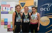 15 April 2016; Top finishers in the women's 100m hurdles event are, from left, Lilly-Ann O'Hora, DCU, second place, Catherine McManus, DCU, first place, and Kate Doherty, TCD, third place. Irish University Athletic Association Track & Field Championships 2016, Day 1. Morton Stadium, Santry, Co. Dublin. Picture credit: Cody Glenn / SPORTSFILE