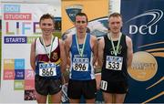 15 April 2016; Top finishers in the men's 10000m event are, from left, Jake O'Regan, UL, second place, Andrew Connick, Waterford IT, first place, and David Scanlon, DCU, third place. Irish Universities Athletic Association Track & Field Championships 2016, Day 1. Morton Stadium, Santry, Co. Dublin. Picture credit: Cody Glenn / SPORTSFILE