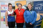 15 April 2016; Top three finishers in the women's shot putt event, from left, Alana Frattaroli, UL, second place, Laura McSweeney, UCC, first place, and Sophie Parkinson Brown, DCU, third place. Irish Universities Athletic Association Track & Field Championships 2016, Day 1. Morton Stadium, Santry, Co. Dublin. Picture credit: Cody Glenn / SPORTSFILE