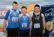 15 April 2016; Top finishers in the men's shot putt event are, from left, Gavin McLoughlin, Letterkenny IT, second place, John Kelly, Letterkenny IT, first place, and James Kelly, DCU, third place. Irish Universities Athletic Association Track & Field Championships 2016, Day 1. Morton Stadium, Santry, Co. Dublin. Picture credit: Cody Glenn / SPORTSFILE