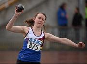 15 April 2016; Laura Kavanagh, UL, competes in the women's shot putt event. Irish Universities Athletic Association Track & Field Championships 2016, Day 1. Morton Stadium, Santry, Co. Dublin. Picture credit: Cody Glenn / SPORTSFILE