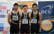 15 April 2016; Top finishers in the men's 110m hurdles event are, from left, Garbhan McKenna, UU, second place, Matthew Behan, DCU, first place and Andrew Creamer, DCU, third place. Irish Universities Athletic Association Track & Field Championships 2016, Day 1. Morton Stadium, Santry, Co. Dublin. Picture credit: Cody Glenn / SPORTSFILE