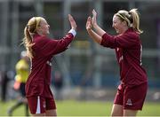 16 April 2016; Kara Shue, left, NUI Galway, celebrates with Lisa Casserly after scoring her side's third goal. WSCAI Intervarsities Shield Final, Ulster University v NUI Galway. Athlone I.T., Athlone.  Picture credit: David Maher / SPORTSFILE