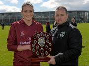 16 April 2016; NUI Galway captain Jennifer Byrne, is presented with the WSCAI Intervarsities Shield from Mark Scanlon, FAI. WSCAI Intervarsities Shield Final, Ulster University v NUI Galway. Athlone I.T., Athlone.  Picture credit: David Maher / SPORTSFILE