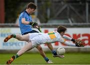 16 April 2016; Kevin Callaghan, Dublin, has his shot blocked by Offaly goalkeeper Barry Rohan. Electric Ireland Leinster GAA Football Minor Championship First Round, Dublin v Offaly. Parnell Park, Dublin.  Picture credit: Cody Glenn / SPORTSFILE