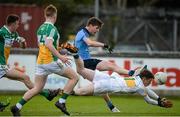 16 April 2016; Kevin Callaghan, Dublin, has his shot blocked by Offaly goalkeeper Barry Rohan. Electric Ireland Leinster GAA Football Minor Championship First Round, Dublin v Offaly. Parnell Park, Dublin.  Picture credit: Cody Glenn / SPORTSFILE
