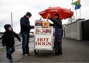 16 April 2016; Gavin McEneaney and his son Ben, 5, from Monaghan purchase refreshments before the game from vendor Sean Mcilroy. Eirgrid GAA Football Under 21 All-Ireland Championship semi-final, Dublin v Mayo. O'Connor Park, Tullamore, Co. Offaly.  Picture credit: Sam Barnes / SPORTSFILE