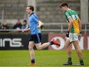16 April 2016; Aaron Bradshaw, Dublin, celebrates scoring his side's first goal past Micheál Mooney, Offaly. Electric Ireland Leinster GAA Football Minor Championship First Round, Dublin v Offaly. Parnell Park, Dublin.  Picture credit: Cody Glenn / SPORTSFILE