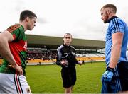 16 April 2016; Team captains, Stephen Coen, Mayo, and Andy Foley, Dublin, with Referee Niall Cullen at the toss. Eirgrid GAA Football Under 21 All-Ireland Championship semi-final, Dublin v Mayo. O'Connor Park, Tullamore, Co. Offaly.  Picture credit: Sam Barnes / SPORTSFILE