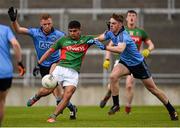 16 April 2016; Shairoze Akram, Mayo, in action against Dublin players, Andy Foley, left, and Sean McMahon. Eirgrid GAA Football Under 21 All-Ireland Championship semi-final, Dublin v Mayo. O'Connor Park, Tullamore, Co. Offaly.  Picture credit: Brendan Moran / SPORTSFILE