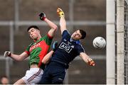 16 April 2016; Dublin goalkeeper Lorcan Molloy contests a high ball with Brian Reape, Mayo. Eirgrid GAA Football Under 21 All-Ireland Championship semi-final, Dublin v Mayo. O'Connor Park, Tullamore, Co. Offaly.  Picture credit: Brendan Moran / SPORTSFILE