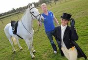 26 April 2010; Leo Cullen, Leinster captain, pictured in Ratoath, Co. Meath at the launch of the Tattersalls Festival 2010 with White Fort Phantom. The event will run for four days and begins on 27th May 2010. Also pictured is model Lynn Kelly in equestrian attire. For further information contact Laura Skelton, Horse Sport Ireland, 086 8810266. Picture credit: Brian Lawless / SPORTSFILE