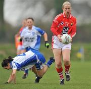 24 April 2010; Mary O'Connor, Cork, in action against Christina Reilly, Monaghan. Bord Gais Energy Ladies National Football League Division 1 Semi-Final, Cork v Monaghan, St Rynaghs GAA, Banagher, Co Offaly. Picture credit: David Maher / SPORTSFILE