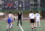 24 April 2010; Stefan Wittberg, the assistant referee from the FIFA 2010 World Cup Qualifying Play-off 2nd Leg game between the Republic of Ireland and France, in Stade de France, Paris, throws in the ball at Stockholm Gaels inaugural game against Gothenberg. GAA Challenge Match, Stockholm Gaels, Gothenberg, Östermalms IP, Stockholm, Sweden. John Barrington / SPORTSFILE