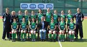 25 April 2010; Ireland’s Women’s Hockey Team, sponsored by ESB, departed from Dublin earlier today, bound for Santiago, Chile, where they will compete in the World Cup Qualifiers. The team were due to depart early last week but their travel plans were affected as a result of the volcanic ash. ESB are the national sponsor of Women’s and Girl’s Hockey in Ireland. Pictured are; back, from left, Denis Meredith, Assistant Coach, Sally Ann Fanagan, Team Manager, Lisa Jacob, Julie O'Halloran, Mary Goode, Audrey O'Flynn, Roisin Flinn, Alex Speers, Emma Smyth, Louisa Healy and Gene Muller, Head Coach, with front, from left, Niamh Small, Cliodhna Sargent, Bridget Cleland, Padraig McManus, Chief Executive, ESB, Shirley McCay, Michelle Harvey and Lizzie Colvin. National Hockey Stadium, UCD, Belfield, Dublin. Picture credit: Brendan Moran / SPORTSFILE