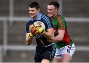 16 April 2016; Dublin goalkeeper Lorcan Molloy is tackled by Diarmuid O'Connor, Mayo. Eirgrid GAA Football Under 21 All-Ireland Championship semi-final, Dublin v Mayo. O'Connor Park, Tullamore, Co. Offaly.  Picture credit: Brendan Moran / SPORTSFILE