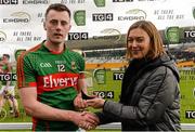 16 April 2016; Diarmuid O'Connor, Mayo, is presented with the Eirgrid Man of the Match award by Siobhan Toale, EirGrid. Eirgrid GAA Football Under 21 All-Ireland Championship semi-final, Dublin v Mayo. O'Connor Park, Tullamore, Co. Offaly.  Picture credit: Brendan Moran / SPORTSFILE