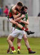 16 April 2016; Mayo's David Kenny, left, celebrates with team-mates Brian Reape, centre, and Liam Irwin at the final whistle. Eirgrid GAA Football Under 21 All-Ireland Championship semi-final, Dublin v Mayo. O'Connor Park, Tullamore, Co. Offaly.  Picture credit: Brendan Moran / SPORTSFILE