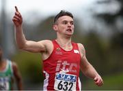 16 April 2016; Marcus Lawler, IT Carlow, salutes after winning the 200M event. Irish Universities Athletic Association Track & Field Championships 2016, Day 1. Morton Stadium, Santry, Co. Dublin. Picture credit: Oliver McVeigh / SPORTSFILE