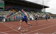 16 April 2016; Andrew Mellon, Queens University Belfast, on his way to winning the Mens 100M relay event. Irish Universities Athletic Association Track & Field Championships 2016, Day 1. Morton Stadium, Santry, Co. Dublin. Picture credit: Oliver McVeigh / SPORTSFILE