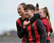 16 April 2016; Clare Kinsella, left, and Jess Hunt, IT Carlow, celebrate at the end of the game. WSCAI Intervarsities Cup Final, IT Carlow v IT Sligo. Athlone I.T., Athlone.  Picture credit: David Maher / SPORTSFILE
