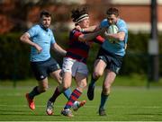 16 April 2016; Barry Daly, UCD, is tackled by Sam Cronin, Clontarf. Ulster Bank League Division 1A, Final Round, Clontarf v UCD. Castle Avenue, Clontarf, Dublin. Picture credit: Cody Glenn / SPORTSFILE