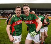 16 April 2016; Michael Plunkett and Barry Duffy, Mayo, celebrate after the game. Eirgrid GAA Football Under 21 All-Ireland Championship semi-final, Dublin v Mayo. O'Connor Park, Tullamore, Co. Offaly.  Picture credit: Sam Barnes / SPORTSFILE