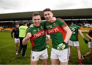 16 April 2016; Michael Plunkett and Barry Duffy, Mayo, celebrate after the game. Eirgrid GAA Football Under 21 All-Ireland Championship semi-final, Dublin v Mayo. O'Connor Park, Tullamore, Co. Offaly. Picture credit: Sam Barnes / SPORTSFILE