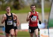 16 April 2016; Brian Kirwan, IT Carlow, right, winner of Mens 3000M steeplechase from Michael Carey, DCU in second. Irish Universities Athletic Association Track & Field Championships 2016, Day 1. Morton Stadium, Santry, Co. Dublin. Picture credit: Oliver McVeigh / SPORTSFILE