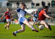 16 April 2016; Barry McGinn, Monaghan, scores his side's first goal despite the best efforts of Michael McSweeney, Cork. Eirgrid GAA Football Under 21 All-Ireland Championship semi-final, Cork v Monaghan. O'Connor Park, Tullamore, Co. Offaly.  Picture credit: Brendan Moran / SPORTSFILE