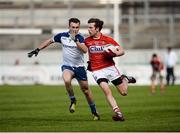 16 April 2016; Ryan Harkin, Cork, in action against Niall Rooney, Monaghan. Eirgrid GAA Football Under 21 All-Ireland Championship semi-final, Cork v Monaghan. O'Connor Park, Tullamore, Co. Offaly.  Picture credit: Sam Barnes / SPORTSFILE