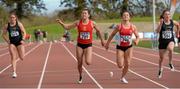 16 April 2016; Phil Healy, being pipped by her sister Joan Healy, both UCC to win the Ladies 100M event, during the AAA event. Irish Universities Athletic Association Track & Field Championships 2016, Day 1. Morton Stadium, Santry, Co. Dublin. Picture credit: Oliver McVeigh / SPORTSFILE