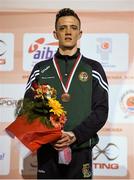 16 April 2016; Brendan Irvine, Ireland, on the winners podium with his bronze medal after beating Daniel Asenov, Bulgaria, in their Men's Flyweight 52kg Box-Off bout. AIBA 2016 European Olympic Qualification Event. Samsun, Turkey. Photo by Sportsfile