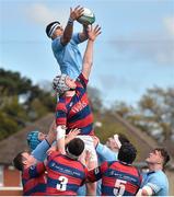 16 April 2016; Emmet MacMahon, UCD, secures a lineout over Tom Byrne, Clontarf. Ulster Bank League Division 1A,  Final Round, Clontarf v UCD. Castle Avenue, Clontarf, Dublin. Picture credit: Cody Glenn / SPORTSFILE