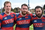 16 April 2016; Clontarf team-mates, from left, Rob Keogh, Ian Hirst and Mick McGrath in the team huddle after their victory. Ulster Bank League Division 1A, Final Round, Clontarf v UCD. Castle Avenue, Clontarf, Dublin. Picture credit: Cody Glenn / SPORTSFILE