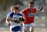 16 April 2016; Francis Maguire, Monaghan, in action against Kevin Flahive, Cork. Eirgrid GAA Football Under 21 All-Ireland Championship semi-final, Cork v Monaghan. O'Connor Park, Tullamore, Co. Offaly.  Picture credit: Brendan Moran / SPORTSFILE