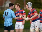 16 April 2016; Tom Byrne, Clontarf, shakes hands with Gordon Frayne, UCD, after the match. Ulster Bank League Division 1A, Final Round, Clontarf v UCD. Castle Avenue, Clontarf, Dublin. Picture credit: Cody Glenn / SPORTSFILE