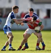 16 April 2016; Sean O'Donoghue, Cork, in action against Niall Loughman and James Mealiff, Monaghan. Eirgrid GAA Football Under 21 All-Ireland Championship semi-final, Cork v Monaghan. O'Connor Park, Tullamore, Co. Offaly.  Picture credit: Brendan Moran / SPORTSFILE