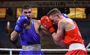 16 April 2016; Daniel Asenov, Bulgaria, left, exchanges punches with Brendan Irvine, Ireland, during their Men's Flyweight 52kg Box-Off bout. AIBA 2016 European Olympic Qualification Event. Samsun, Turkey. Photo by Sportsfile