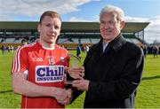 16 April 2016; Michael Hurley, Cork, is presented with the Eirgrid Man of the Match award by John O'Connor, Chairman, EirGrid. Eirgrid GAA Football Under 21 All-Ireland Championship semi-final, Cork v Monaghan. O'Connor Park, Tullamore, Co. Offaly.  Picture credit: Brendan Moran / SPORTSFILE