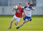 16 April 2016; Michael Hurley, Cork, in action against Kevin Loughran, Monaghan. Eirgrid GAA Football Under 21 All-Ireland Championship semi-final, Cork v Monaghan. O'Connor Park, Tullamore, Co. Offaly.  Picture credit: Brendan Moran / SPORTSFILE